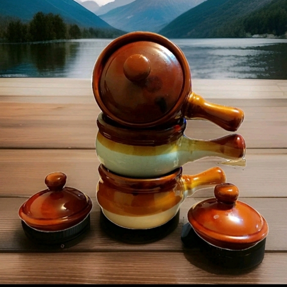 Lot of 3 Vintage Brown&Tan Stoneware French Onion Soup Bowls With Handles & Lids - Picture 7 of 9